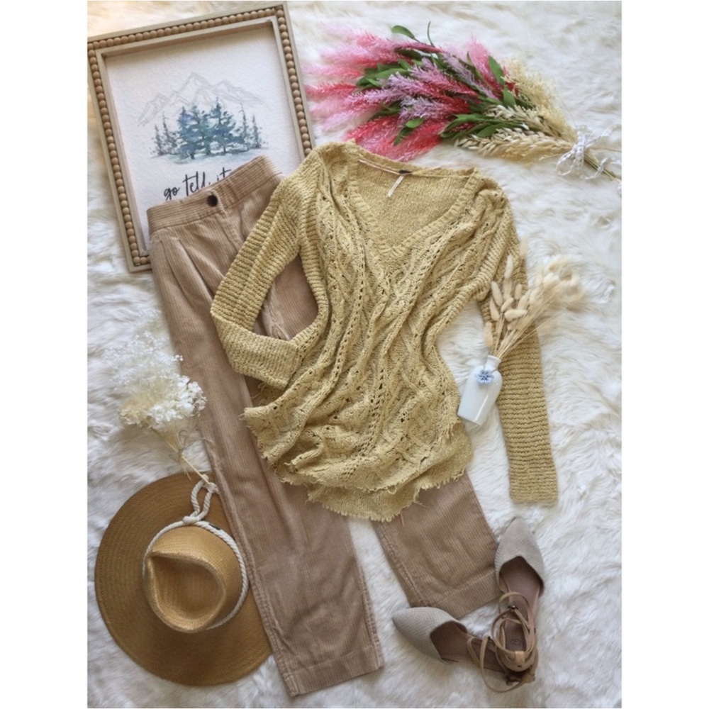 Free People Antique Mustard Marigold Cable Knit Sweater Sz XS Western Farmhouse